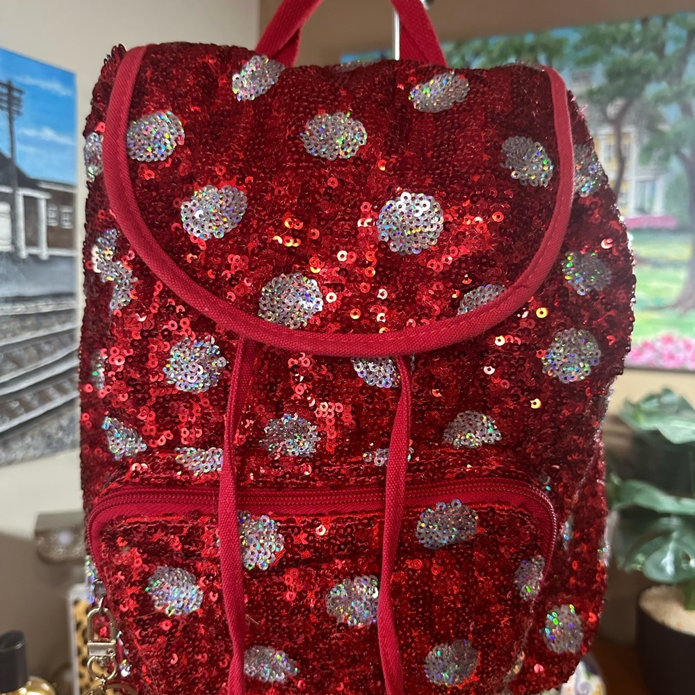 Disney Red/Silver Sequin Backpack Comes with Minnie Pursepillow 💕 GUC